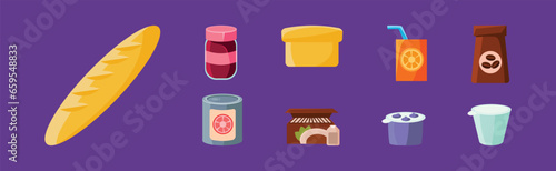 Foodstuff Icon and Different Product on Purple Background Vector Set