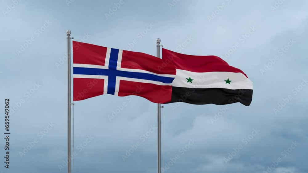 Syrian Arab Republic, Syria and Norway flag waving together on cloudy sky, endless seamless loop, two country cooperation concept Syrian Arab Republic, Syria and Norway flag waving together on cloudy sky, endless seamless loop, two country cooperation concept