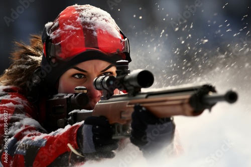 Biathlon sport shoot. Rifle target ski. Generate Ai
