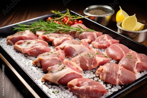 a tray of raw, well-marinated meat ready for grilling