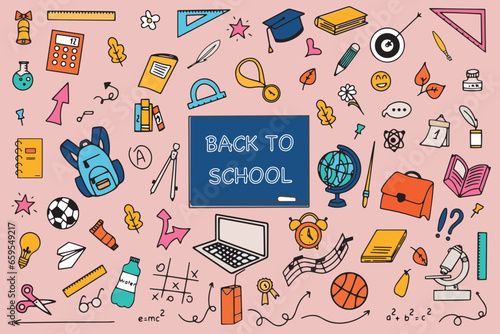 Background of school icons in doodle style. School education. Back to school doodle drawing. Vector illustration