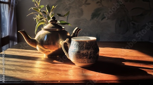  a tea pot and a teacup on a table with a plant. generative ai