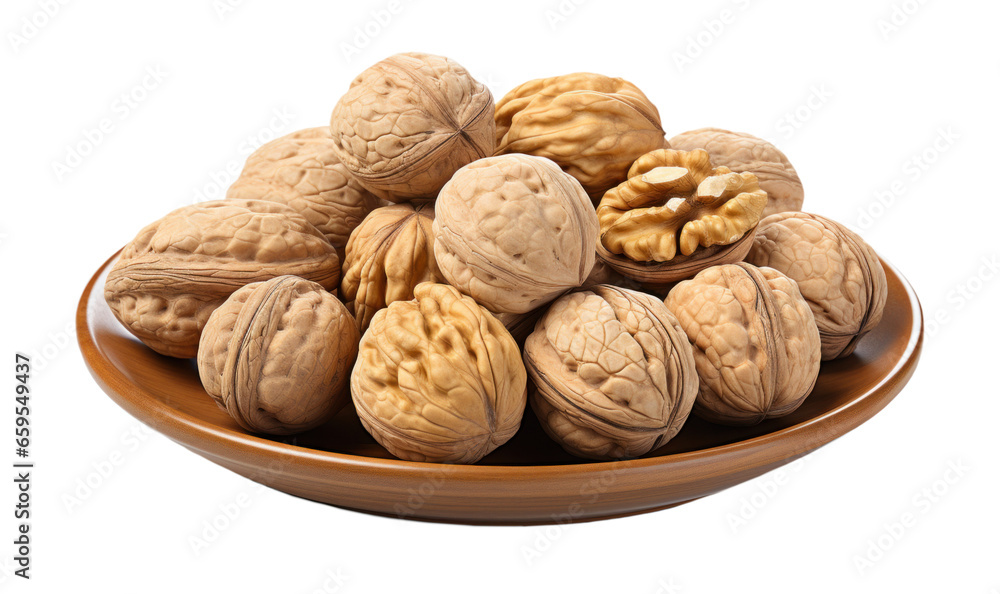 walnuts on a wooden plate, isolated walnuts on a wooden plate, isolated