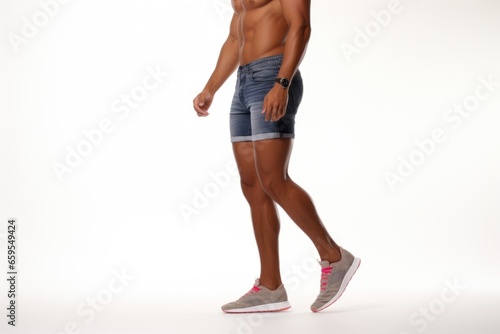 side shot of denim shorts with pockets visible, set on white