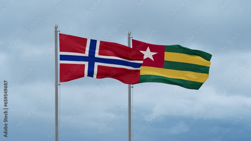 Togo, Togolese Republic and Norway flag waving together on cloudy sky, endless seamless loop, two country cooperation concept Togo, Togolese Republic and Norway flag waving together on cloudy sky, endless seamless loop, two country cooperation concept