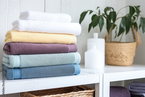 freshly laundered towels stacked neatly on a bathroom shelf