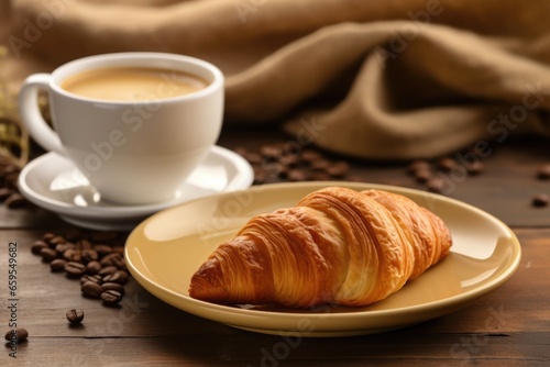 freshly baked croissant on a saucer with a coffee cup