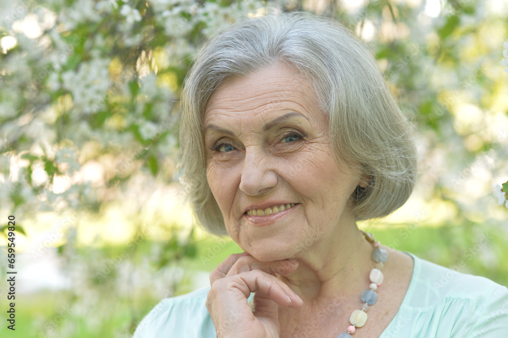 Close-up portrait of smiling elderly woman posing in summer park Close-up portrait of smiling elderly woman posing in summer park