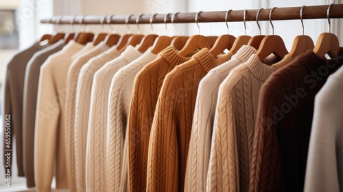 a collection of light brown sweaters neatly arranged on hangers in a well-lit and stylish boutique setting. the classic and timeless appeal of these sweaters.