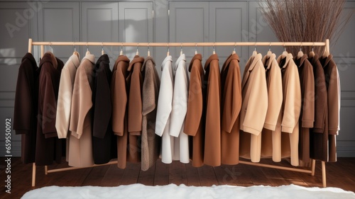 a collection of light brown sweaters neatly arranged on hangers in a well-lit and stylish boutique setting. the classic and timeless appeal of these sweaters.