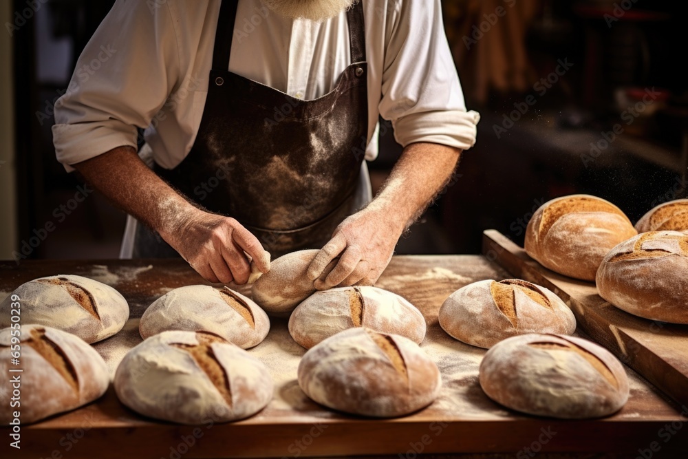 a baker preparing multiple loaves of sourdough