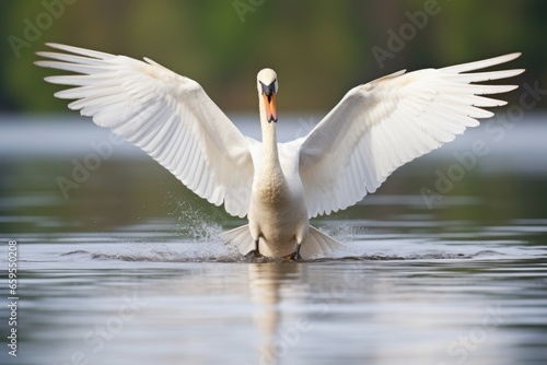 Fototapeta Naklejka Na Ścianę i Meble -  white swan on a lake, flapping wings aggressively