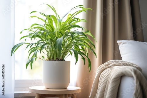 indoor plant tucked in a bright therapy room corner