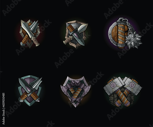 Set of medieval weapons, shields and swords for game UI scenes.