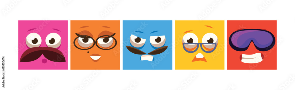 Funny Colorful Square Emoji Faces and Comic Avatars Vector Set Funny Colorful Square Emoji Faces and Comic Avatars Vector Set