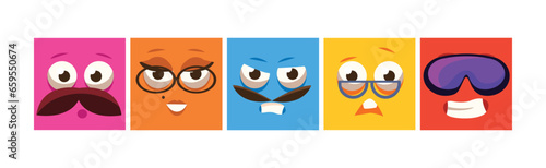 Funny Colorful Square Emoji Faces and Comic Avatars Vector Set