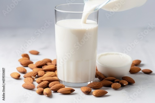 almond milk captured in mid-pour  with spilled almonds around