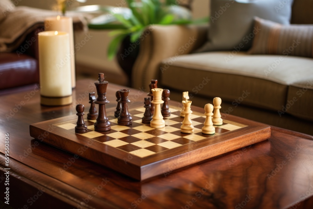 a wooden chessboard set on a mahogany coffee table a wooden chessboard set on a mahogany coffee table