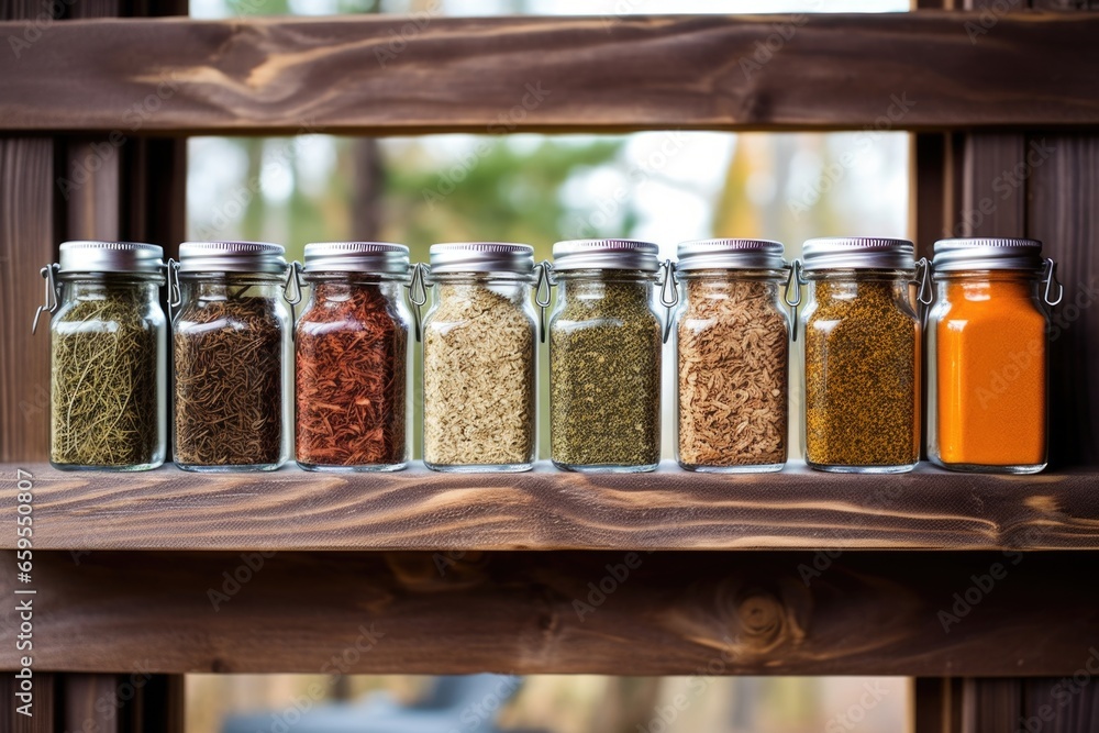 different spices in small glass jars on a hanging rack different spices in small glass jars on a hanging rack