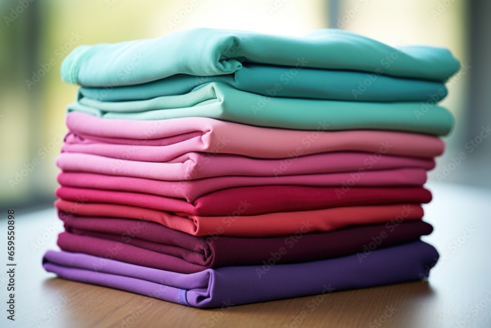 a stack of folded running clothes a stack of folded running clothes