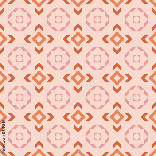 Vector geometric floral ornament in modern ethnic folk style. Abstract seamless pattern with simple shapes, stylized flower silhouettes. Background in pink and  orange tones. Stylish repeat geo design