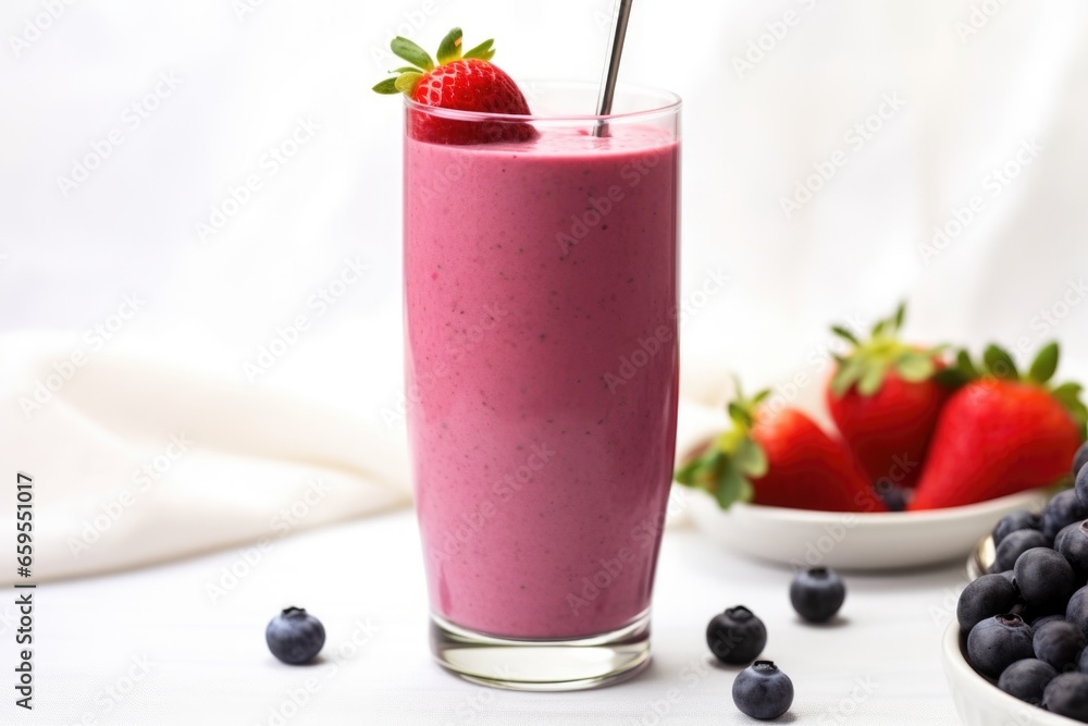 berry smoothie in tall glass with silver spoon on side berry smoothie in tall glass with silver spoon on side