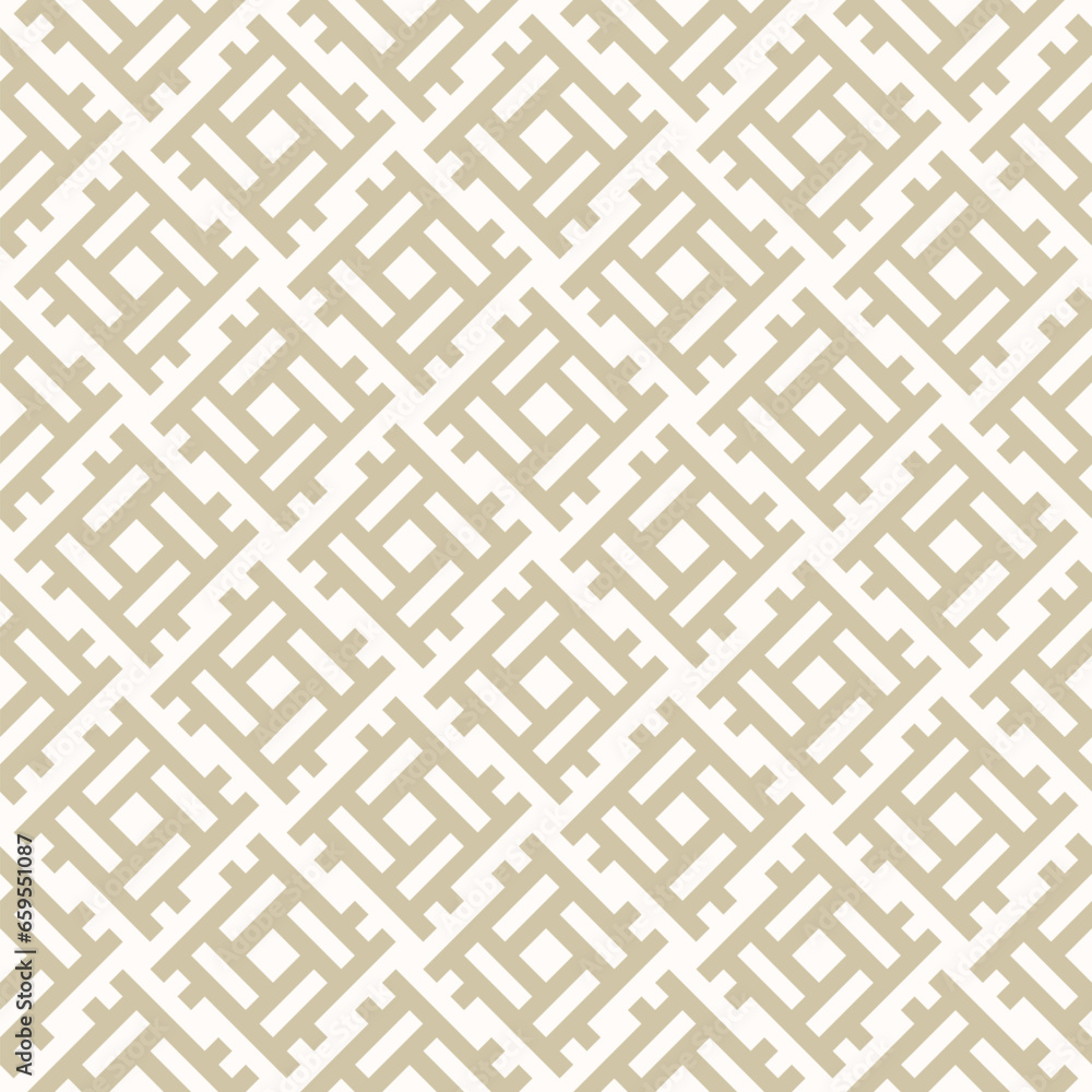 Abstract geometric seamless pattern in ethnic folk style. Simple ornament with lines, squares, grid, repeat tiles. Gold and white geo texture. Modern golden luxury geometrical background. Geo design