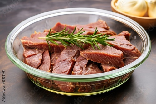 several beef brisket slices marinating in a clear glass bowl