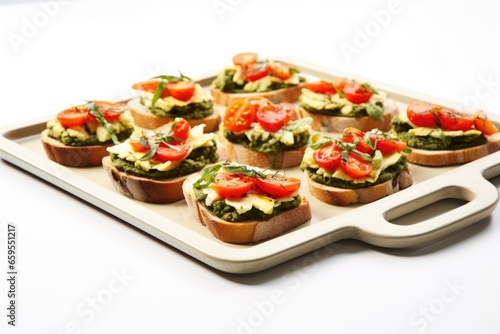 a tray of freshly made avocado bruschettas on a white surface