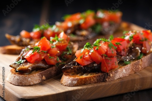 close-up view of anchovy bruschetta on stone countertop