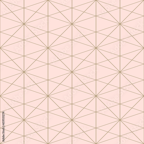 Golden line pattern. Vector geometric seamless texture with delicate grid, thin lines, squares, diamonds, triangles. Abstract pink and gold background. Art deco style ornament. Luxury repeat design
