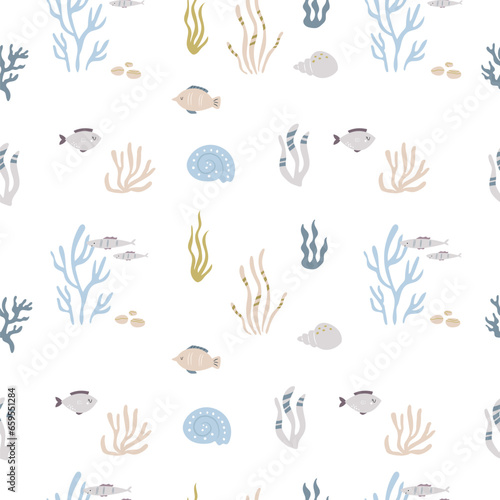 Colorful seamless pattern with various sea life fishes  different water plants
