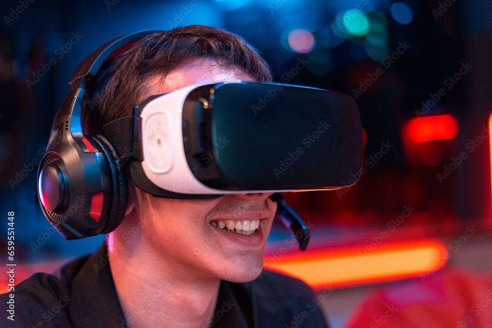 Portrait of a teen in VR headset and headphones Portrait of a teen in VR headset and headphones