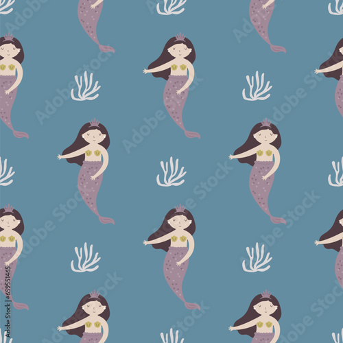 Colorful seamless pattern with beautiful mermaids and sea life