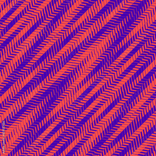 Abstract vector geometric seamless pattern with diagonal fading lines, tracks, halftone stripes. Sport style illustration, urban art. Graphic texture in trendy neon red and purple color. Modern design