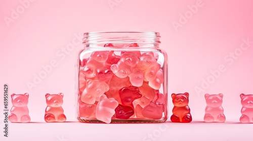  a jar filled with gummy bears sitting next to smaller ones.  generative ai