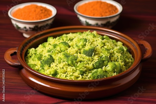 broccoli rice on a red clay platter, central composition