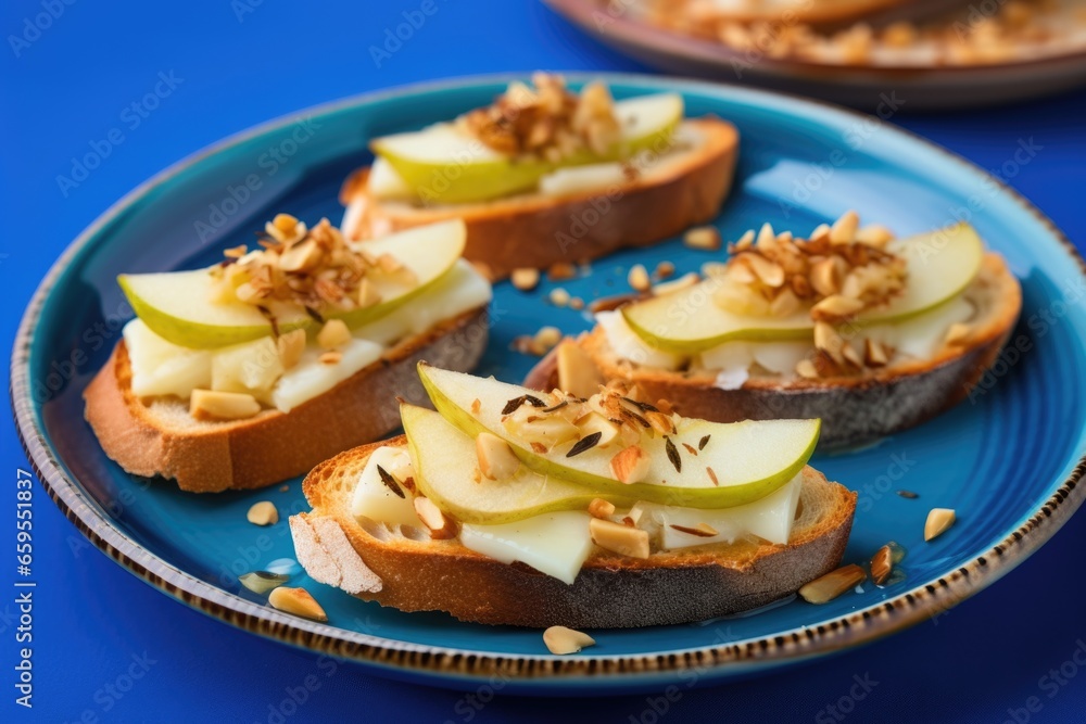 toasted bread with pear toppings on a blue dish toasted bread with pear toppings on a blue dish