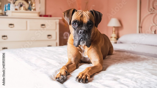 Cute boxer dog lying on belly over bed in cozy room