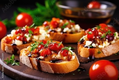 baked bruschetta with feta and cherry tomatoes closeup