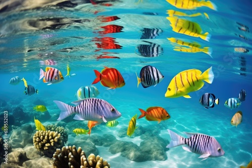 a group of colorful fish swimming together in clear water