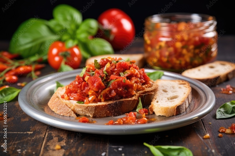 single bruschetta with sun-dried tomatoes and garlic on a glass plate single bruschetta with sun-dried tomatoes and garlic on a glass plate