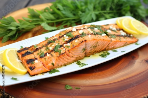 grilled cedar plank salmon served on a white plate with garnishes