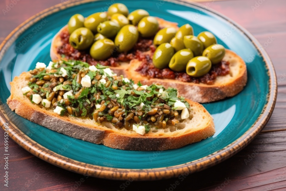 whole olives and chopped olives on bruschetta on a turquoise ceramic plate whole olives and chopped olives on bruschetta on a turquoise ceramic plate
