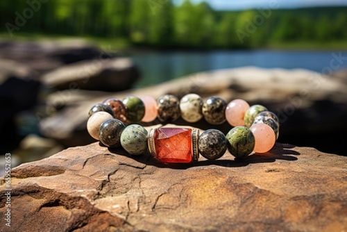 beaded bracelet on a rough granite stone in sunlight