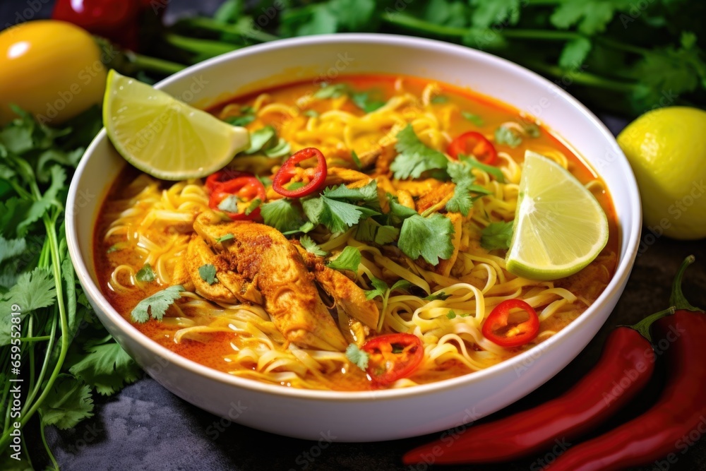 malay curry noodles garnished with fresh lime and cilantro malay curry noodles garnished with fresh lime and cilantro