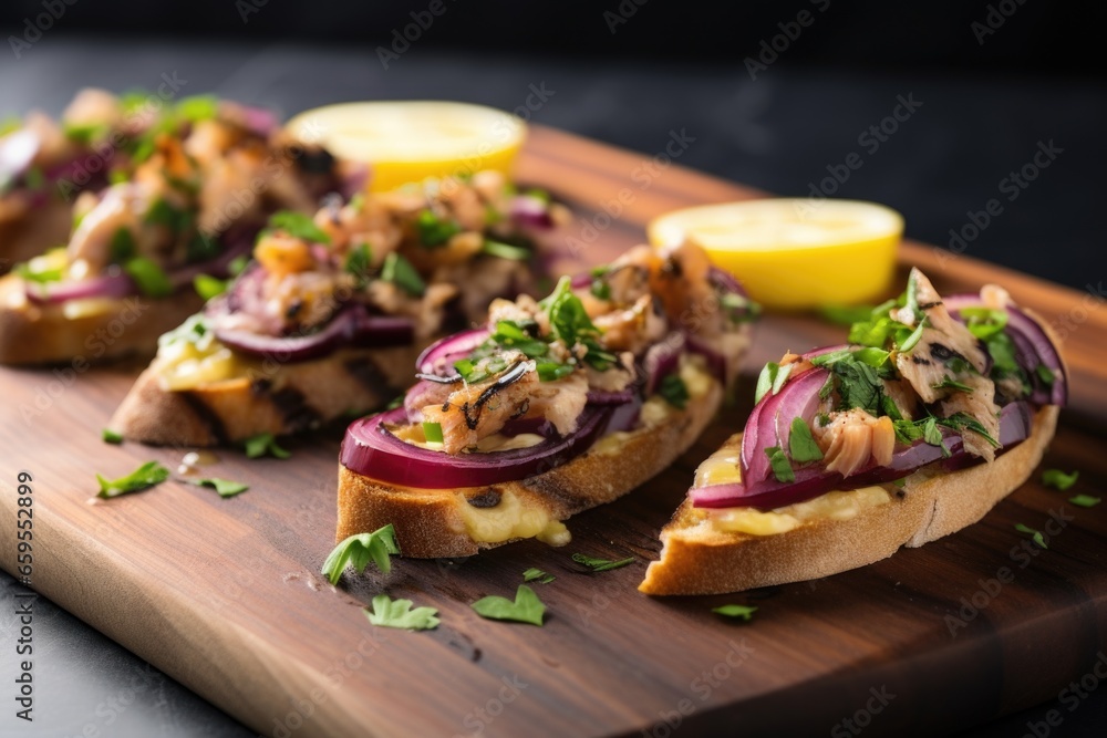 tuna bruschetta with red onion and lemon on side