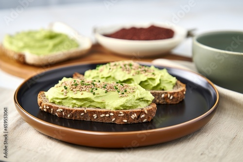 multiseed bread with avocado spread on a ceramic plate