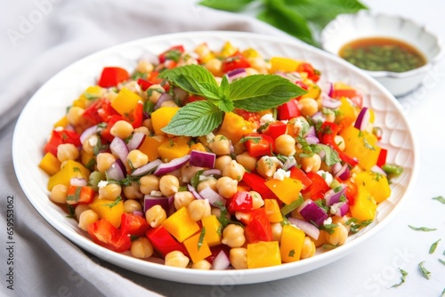 colorful chickpea salad with bell peppers on marble