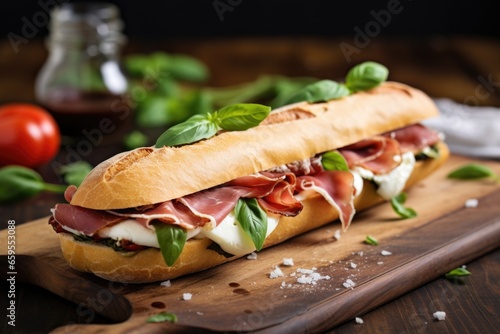 baguette sandwich with prosciutto, mozzarella, and basil